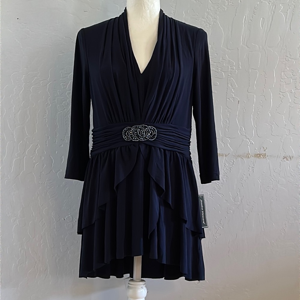 Jessica Howard Blue Ruffles Beaded Cocktail Dress